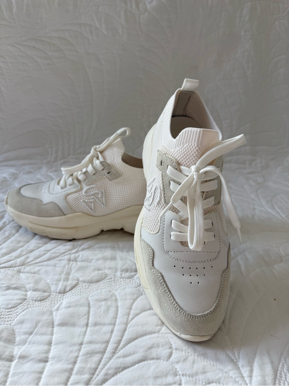 Stewart Weitzman Sneakers Womens 8 White 5050 Leather & Knit Low-top Logo Italy